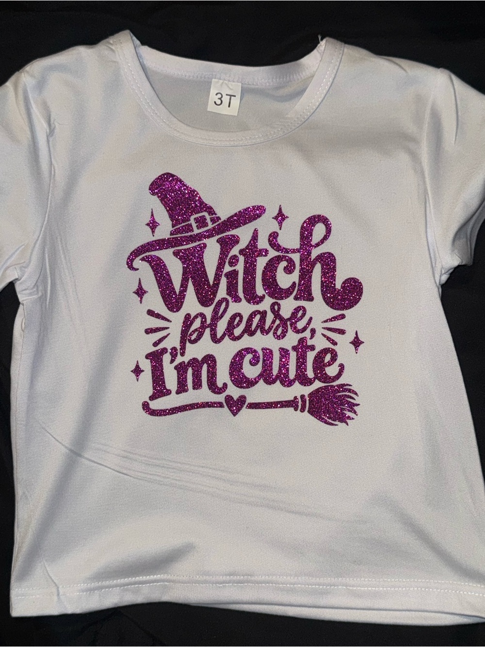 Girls White Halloween Tee with Purple Glitter 'Witch Please I'm Cute' Graphic